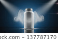 Supplement bottle in dramatic spotlight and cloud of powder, dark background. Perfect for health, sports, power, energy, motivation, branding, clean, striking, studio 137787170