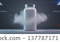 White supplement bottle surrounded by an explosion of powder on gray background. Best for protein, sports nutrition, fitness, clean, product, blank, energy, modern. 137787171