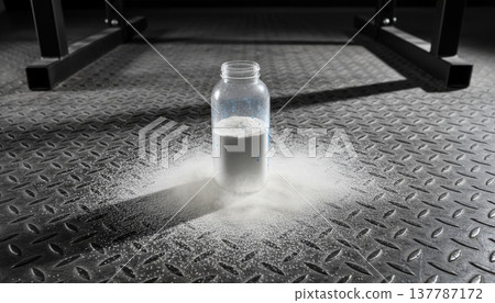 Supplement bottle with powder splash on textured gym floor, monochrome setting. Great for fitness, protein, nutrition, muscle, gym, modern, active, workout, style. 137787172