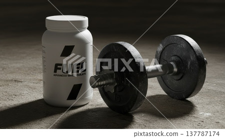 Fuel supplement bottle and heavy dumbbell on gym floor, moody fitness setting. Ideal for protein, gym, strength, sports nutrition, motivation, weight, body, workout 137787174