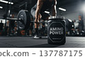 Amino Power supplement bottle and dumbbell in gym with barbell. Great for amino acids, workout, bodybuilding, fitness, sports nutrition, muscle growth, power, modern 137787175
