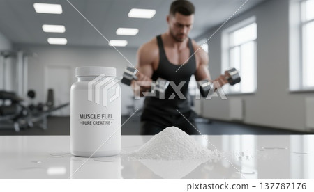 Muscle Fuel supplement bottle, dumbbell workout male athlete in bright gym. Ideal for protein, fitness, health, strength, bodybuilding, sports nutrition, modern 137787176