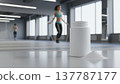 Protein supplement bottle, heap of powder, woman jumping rope in bright gym. Best for fitness, nutrition, routine, energy, sports, health, training, workout, minimal. 137787177