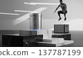 Modern supplement jar on geometric podium with athlete jumping in minimal gym. Ideal for fitness, sports nutrition, futuristic product, training, energy, branding, strong 137787199