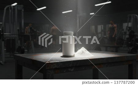 White supplement jar with heap of powder under spotlight on gym table. Perfect for nutrition, protein, bodybuilding, recovery, fitness, energy, health, sports, minimal. 137787200