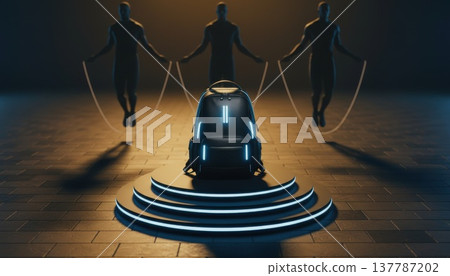 Futuristic illuminated sports backpack on podium, athletes with smart jump ropes in cyber gym. Perfect for fitness gear, innovation, high-tech training, modernization, style. 137787202