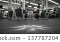 Water bottle with splashes on gym floor among workout equipment. Ideal for fitness, hydration, sports, energy, refreshment, health, lifestyle, gym, training, cool, bottle. 137787204