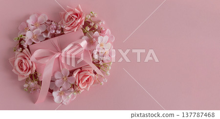 Pink Heart with Flowers and Gift Box. Romantic Valentines Day Flatlay on Soft Pink Background Pink Heart with Flowers and Gift Box. Romantic Valentines Day Flatlay on Soft Pink Background 137787468