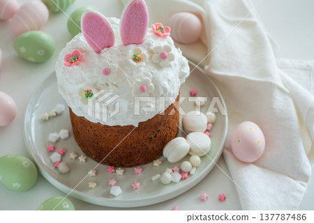 Easter Cake with Bunny Ears and Easter Eggs. Festive Spring Composition 137787486