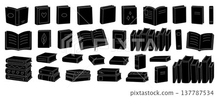 Silhouette vector set of books. Including open, closed, stacked, and decorated books 137787534