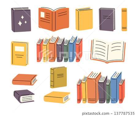 Colorful books in groups and stacks. Cozy reading concept for libraries and education Colorful books in groups and stacks. Cozy reading concept for libraries and education 137787535