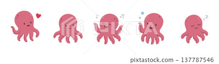 Cartoon octopus set. Flat pink marine characters with emotions - love, neutral, music, bubbles, sleep. Vector illustration pack. Cartoon octopus set. Flat pink marine characters with emotions - love, neutral, music, bubbles, sleep. Vector illustration pack. 137787546