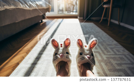 POV Feet in Cute Fluffy Bunny Slippers on Sunny Bedroom Floor 137787631