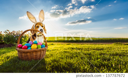 Easter Beagle Dog with Bunny Ears and Basket of Colorful Eggs in Sunny Field 137787672