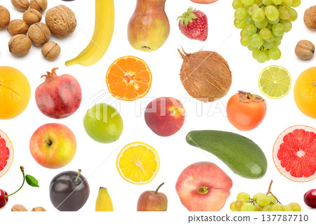Detailed colorful seamless pattern composed of juicy fruits and crunchy nuts in professional studio shot on pure white isolated surface offering generous copy space Detailed colorful seamless pattern composed of juicy fruits and crunchy nuts in professional studio shot on pure white isolated surface offering generous copy space 137787710