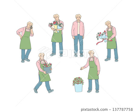 Flower shop worker actions and poses set 137787758