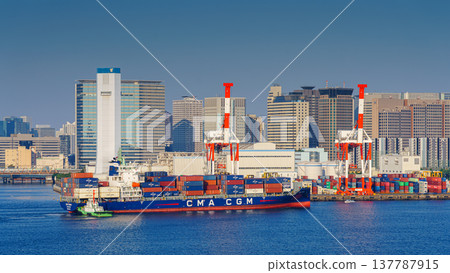 Tokyo, Japan - Oct 13 2024, panoramic sea view of Tokyo cargo port, docks with cranes and containers and a dry cargo ship loading, at daytime, Tokyo, Japan Tokyo, Japan - Oct 13 2024, panoramic sea view of Tokyo cargo port, docks with cranes and containers and a dry cargo ship loading, at daytime, Tokyo, Japan 137787915