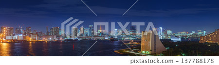 Tokyo, Japan - Oct 2 2024, panoramic aerial view of Tokyo Bay cityscape with skyscrapers in background and the Rainbow Bridge, at nighttime with illumination, Tokyo, Japan 137788178