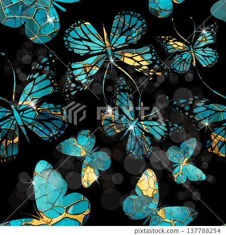A set of beautiful blue and gold butterflies Seamless pattern . Hand drawn. Not AI, vector illustration. A set of beautiful blue and gold butterflies Seamless pattern . Hand drawn. Not AI, vector illustration. 137788254