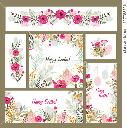 A set of beautiful Easter cards. Happy Easter. hand drawn. Not AI, Vector illustration 137788256