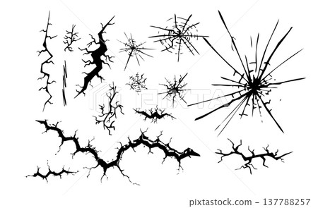 Ground crack . fissure for concrete, ice or stone wall effect. Realistic earthquake damage and road split for destruction or desert concept. . Hand drawn. Not AI, Vector isolated set. Ground crack . fissure for concrete, ice or stone wall effect. Realistic earthquake damage and road split for destruction or desert concept. . Hand drawn. Not AI, Vector isolated set. 137788257