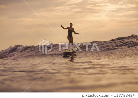 Graceful Female Surfer Enjoying Tranquil Sunset On Her Longboard Graceful Female Surfer Enjoying Tranquil Sunset On Her Longboard 137788484