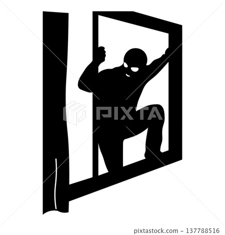 Silhouette illustration of a burglar entering through a window Silhouette illustration of a burglar entering through a window 137788516