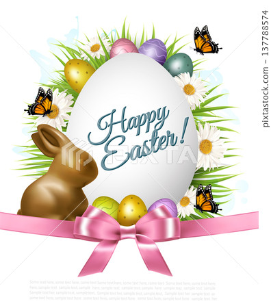 Holiday gift card with easter eggs and daisies and bunny. Vector. 137788574