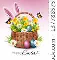 Easter party poster featuring Easter eggs, spring flowers in a basket, grass, and a bunny. Vector 137788575