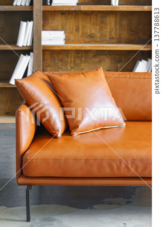 Decorative cushions on brown leather sofa in modern loft office library interior background Decorative cushions on brown leather sofa in modern loft office library interior background 137788613
