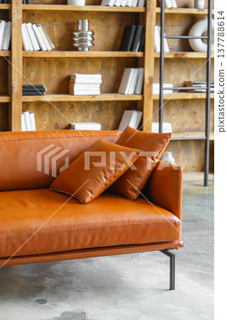 Decorative cushions on brown leather sofa in modern loft office library interior background Decorative cushions on brown leather sofa in modern loft office library interior background 137788614