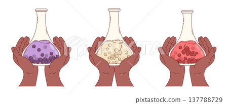 Natural Laboratory Research Set with Currant Berries Extracts. Ethnic Human Hands with Red, White and Black in Glass Flasks. Organic Medicine and Pharmacy, Eco cosmetics. Isolated Vector Illustration Natural Laboratory Research Set with Currant Berries Extracts. Ethnic Human Hands with Red, White and Black in Glass Flasks. Organic Medicine and Pharmacy, Eco cosmetics. Isolated Vector Illustration 137788729