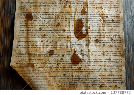 Stained manuscript with faded typed lines and fold marks, coffee blotches and ink smudges, weathered fibers, archival investigation atmosphere, aged storytelling element 137788773