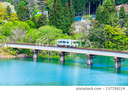 Kitakami Line: Kiha 100 crossing the fresh green Daiichi Waga River Bridge 137789224