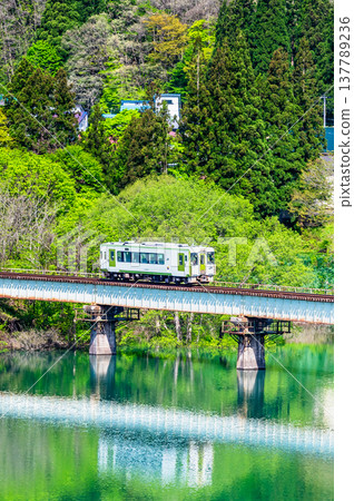 北上線：跨越新綠的第一和賀川大橋的Kiha 100 137789236