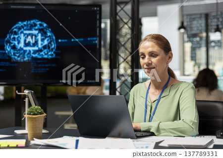 Ambitious corporate director leverages machine learning and big data algorithms, optimizing company performance with software and neural networks systems. Business solutions for growth. Ambitious corporate director leverages machine learning and big data algorithms, optimizing company performance with software and neural networks systems. Business solutions for growth. 137789331