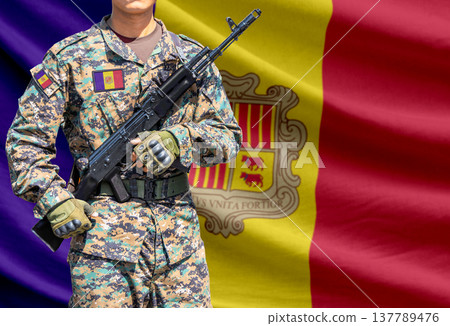 Andorra flag with soldier holding assault rifle Andorra flag with soldier holding assault rifle 137789476