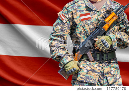 Austria flag with soldier holding assault rifle Austria flag with soldier holding assault rifle 137789478