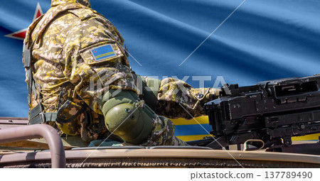 Aruba flag with soldier at machinegun turret 137789490