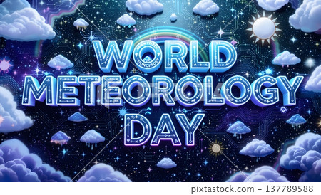 World Meteorology Day celebration with clouds, rainbow, and weather elements. 137789588