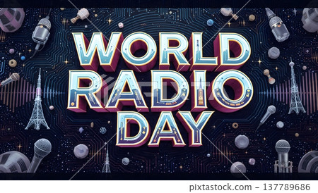 world radio day graphic design with microphones and broadcasting elements. 137789686