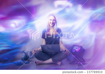 Woman meditating surrounded by cosmic lights and crystals. Relaxed female practitioner sits peacefully among floating particles and vibrant cosmic illumination while working 137789910