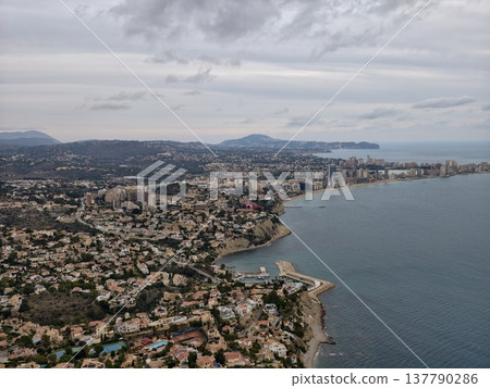 Beachfront View With Hotels And Calm Waters, Seaside Hotel Complex Under Cloudy Sky With Leisure Spaces Beachfront View With Hotels And Calm Waters, Seaside Hotel Complex Under Cloudy Sky With Leisure Spaces 137790286