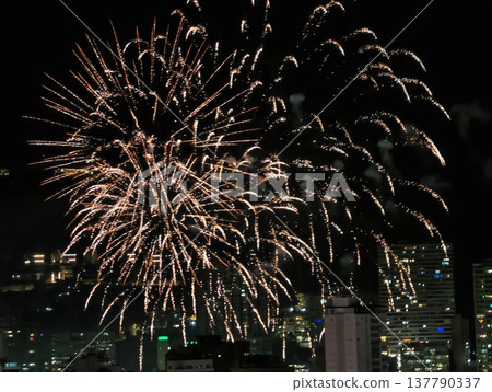 Night Sky Lit By Fireworks, Large Fireworks Display Paints Night With Glowing Golden Shapes Night Sky Lit By Fireworks, Large Fireworks Display Paints Night With Glowing Golden Shapes 137790337