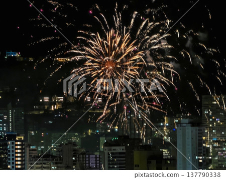 Fireworks Light Sky, Sky Blooms With Bright Explosions, Bright Fireworks Illuminate City Skyline At Night Fireworks Light Sky, Sky Blooms With Bright Explosions, Bright Fireworks Illuminate City Skyline At Night 137790338