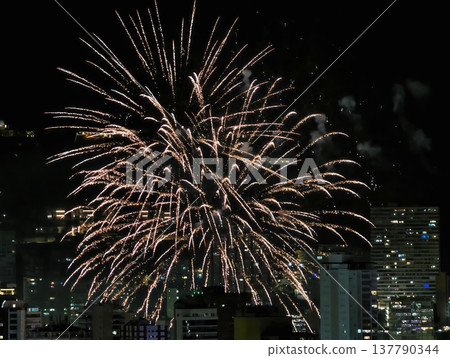 City Lights Glow Under Festive Fireworks Display, Vibrant Nighttime Show Fills City With Joy And Illumination 137790344