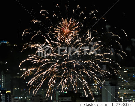 Firework Night Display, Nighttime Scene With Vibrant Fireworks And Atmospheric Smoke Effects Firework Night Display, Nighttime Scene With Vibrant Fireworks And Atmospheric Smoke Effects 137790352