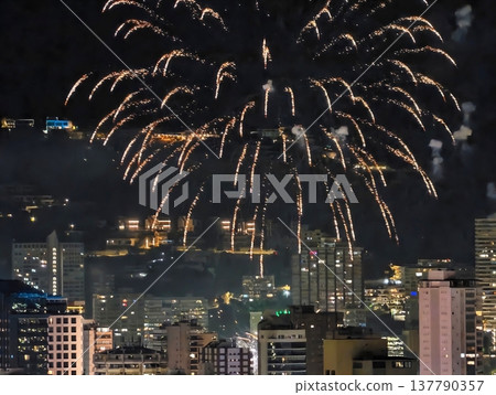 Spectacular Fireworks Brighten Night Sky Over Bustling Waterfront During Festive Celebrations 137790357