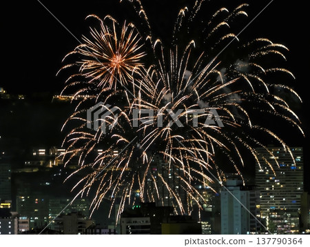 Dazzling Pyrotechnics Burst Above Charming City Horizon Creating Memorable Romantic Ambiance 137790364