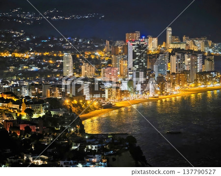 Lively Seaside Avenue Glowing, Energetic Waterfront Street Illuminated By Neon Signs And Reflections 137790527